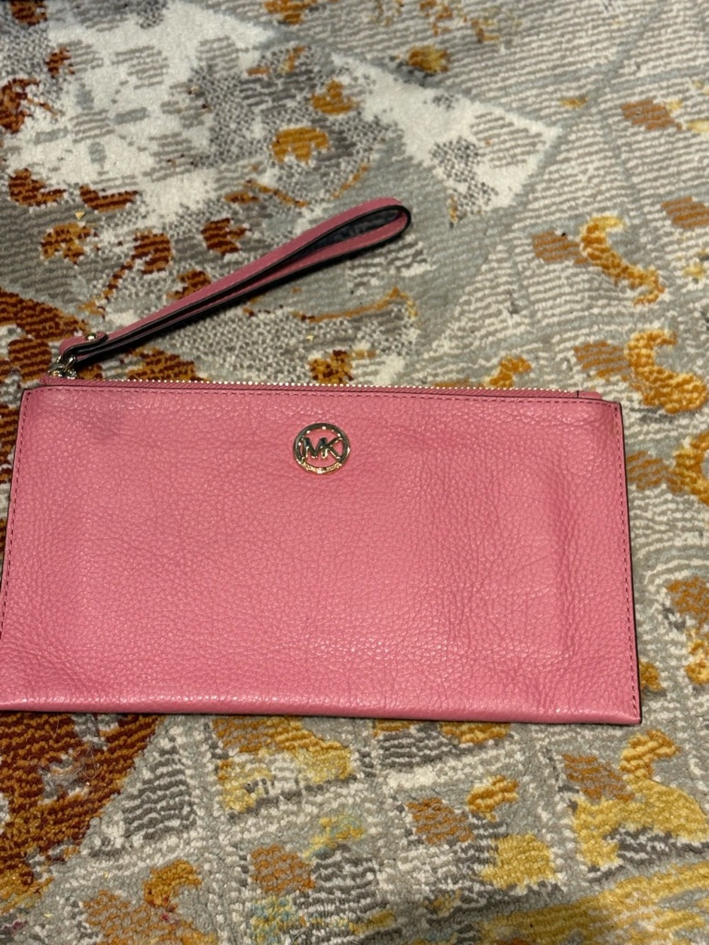 Michael Kors Pink Pebbled Leather Wristlet Clutch with Gold MK Logo